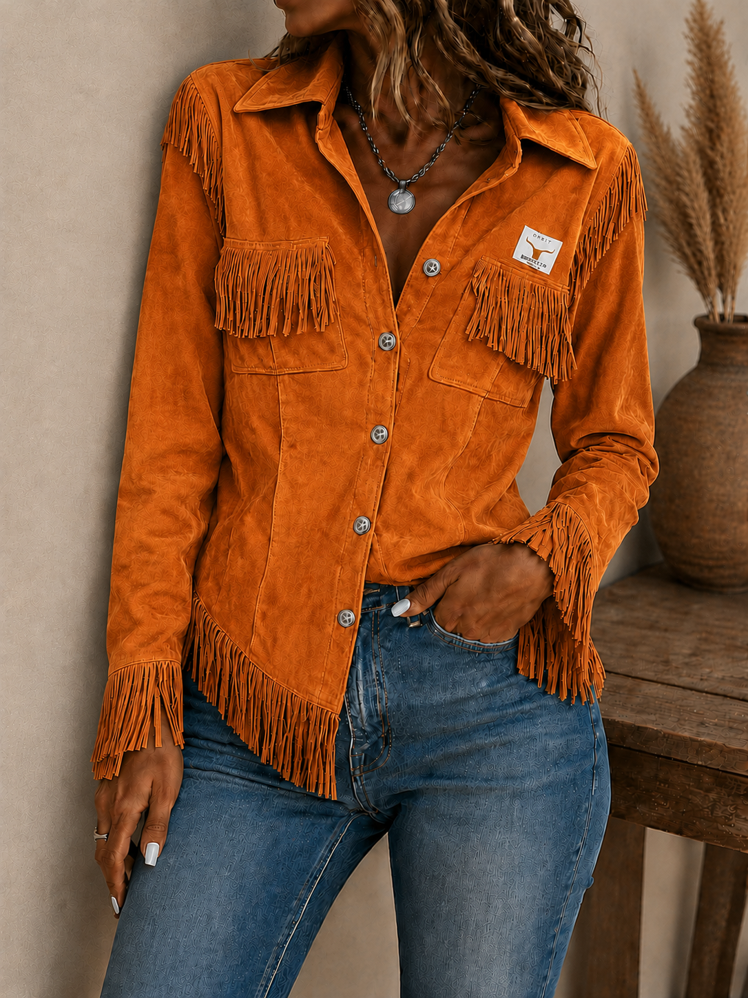 Women's Suede Turn-Down Collar Fringe Slim Fit Blouse